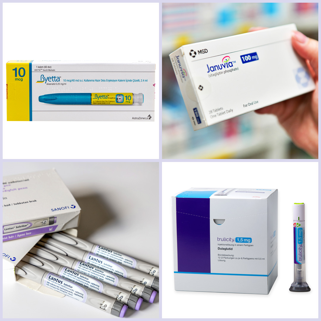 Collage showing photos of four medications for type 2 diabetes: Byetta, Januvia, Lantus and Trulicity.